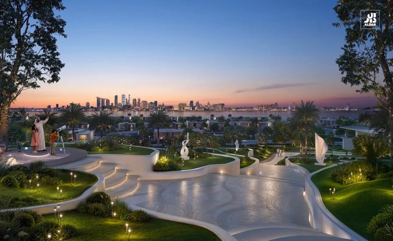 Conceptual sunset view across a waterfront park