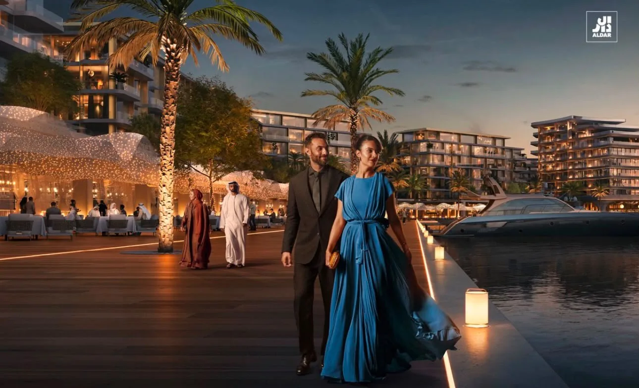 Conceptual waterfront promenade illuminated in the evening